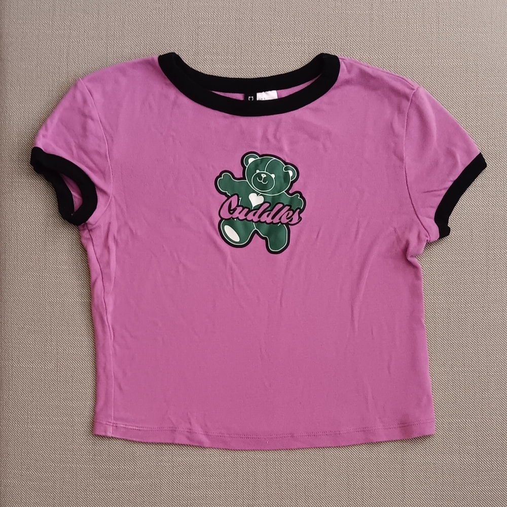 H&M Pink Tee with Green Bear Graphic